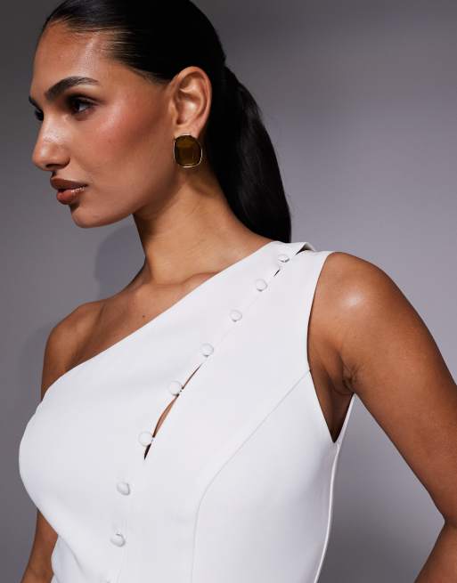 Exclusivité - Kaiia - Robe longue et asymétrique avec boutons et ourlet transparent - Blanc, 3 de 4