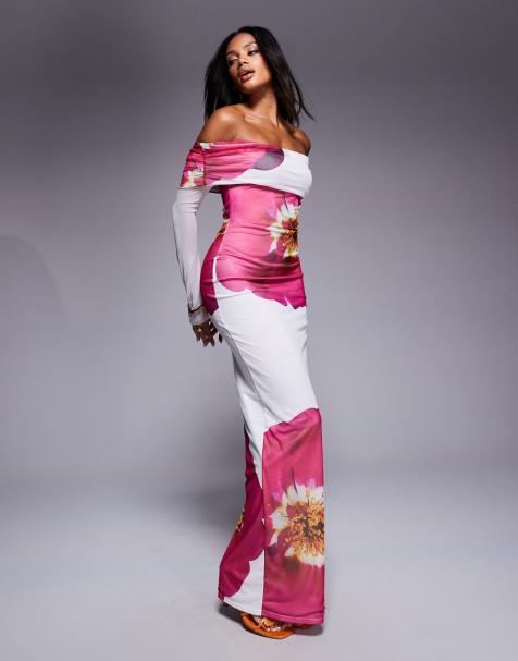 Exclusivité - Kaiia - Robe longue moulante à encolure bardot plongeante et imprimé fleuri - Blanc et rose - view 1
