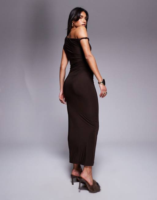 Robe Camaïeu Marron - Épaules Découvertes, Polyester Doublé - Taille 36 - Occasion Très Bon État