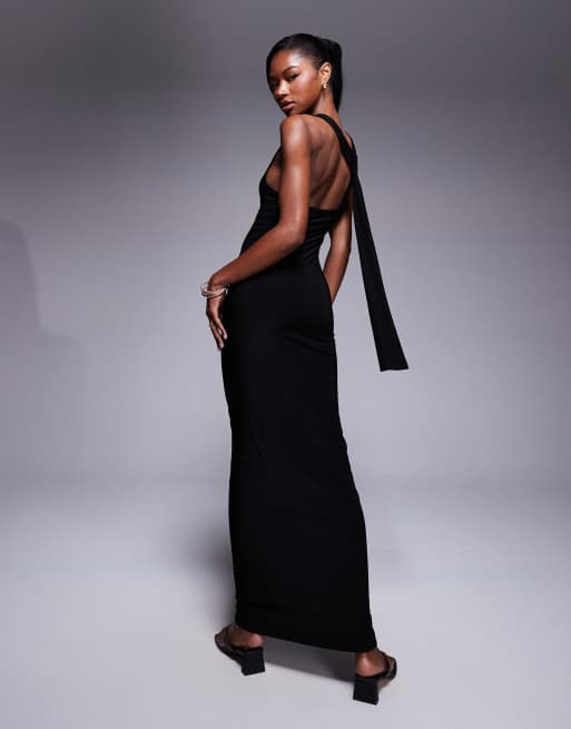 Exclusivité - Kaiia - Robe longue près du corps double épaisseur effet drapé avec dos nageur et fronces - Noir  , 3 de 4