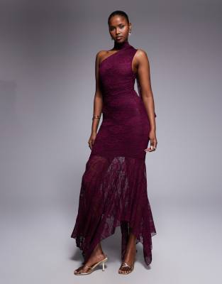 Exclusivité - - Robe longue près du corps en dentelle avec foulard asymétrique et ourlet transparent - Cerise foncé-Rouge 32
