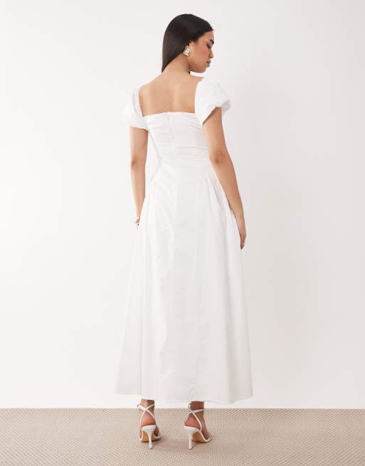 Exclusivité - Kaiia - Robe longue tendance folk en coton à manches bouffantes et plis sur les hanches - Crème, 3 de 4