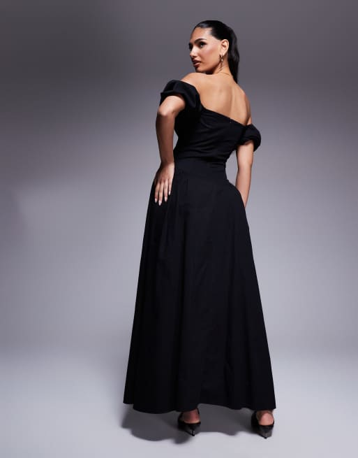 Exclusivité - Kaiia - Robe longue tendance folk en coton à manches bouffantes et plis sur les hanches - Noir, 3 de 4