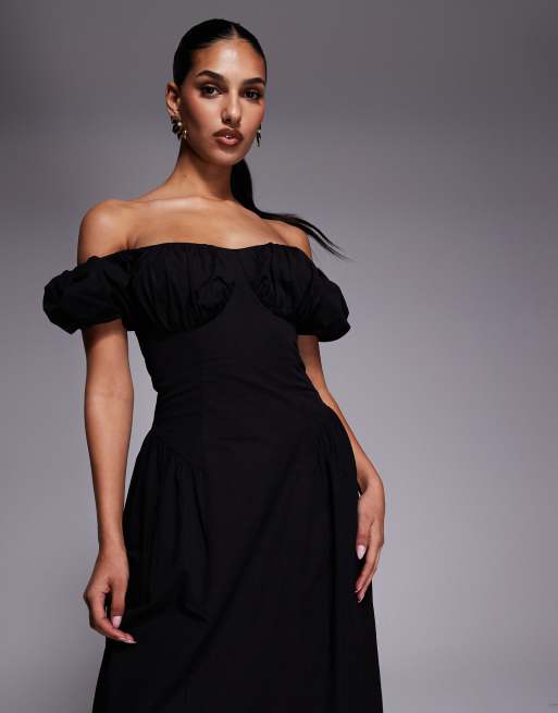 Exclusivité - Kaiia - Robe longue tendance folk en coton à manches bouffantes et plis sur les hanches - Noir, 2 de 4
