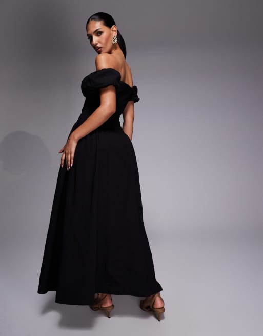 Exclusivité - Kaiia - Robe longue tendance folk en coton à manches bouffantes et plis sur les hanches - Noir, 4 de 4