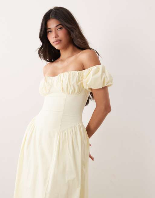 Exclusivité - Kaiia - Robe longue tendance folk plissée sur les hanches en coton à manches bouffantes - Jaune citron, 2 de 4