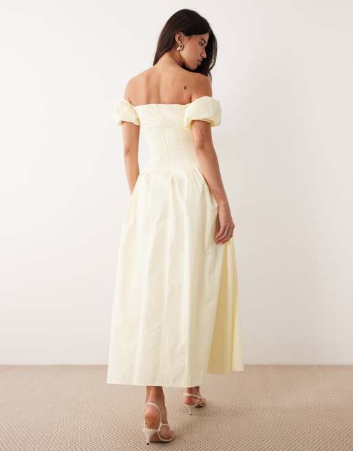 Exclusivité - Kaiia - Robe longue tendance folk plissée sur les hanches en coton à manches bouffantes - Jaune citron, 4 de 4