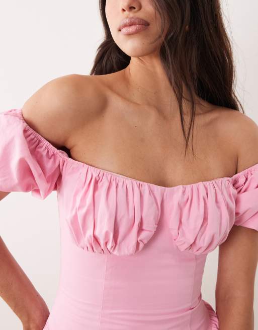 Exclusivité - Kaiia - Robe longue tendance folk plissée sur les hanches en coton à manches bouffantes - Rose pastel, 2 de 4
