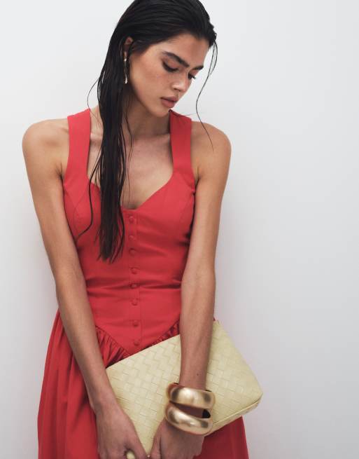 Exclusivité - Kaiia - Robe mi-longue en popeline de coton à détails boutonnés avec décolleté en cœur et taille basse en V - Rouge, 2 de 8