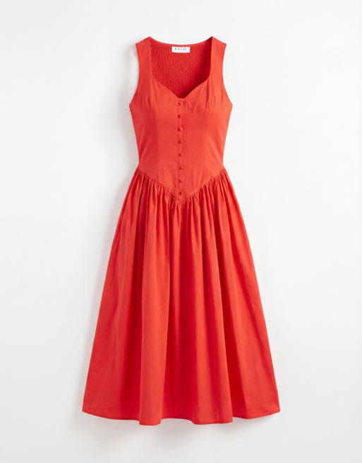 Exclusivité - Kaiia - Robe mi-longue en popeline de coton à détails boutonnés avec décolleté en cœur et taille basse en V - Rouge, 5 de 8