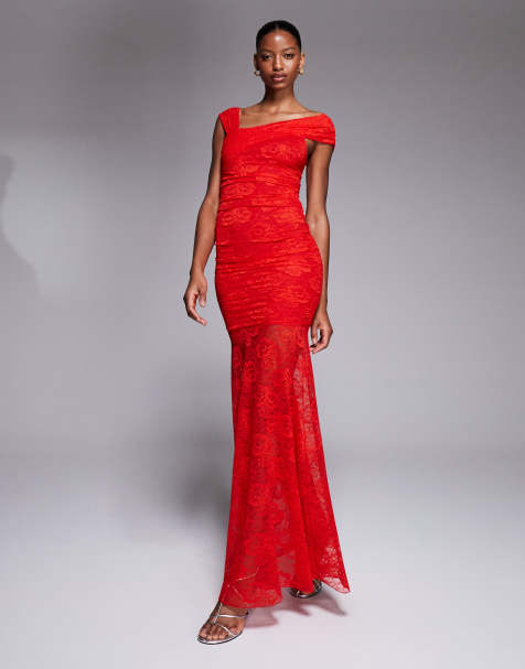 Exclusivité - Kaiia - Robe moulante longue et asymétrique en dentelle double épaisseur avec ourlet transparent - Rouge - view 1