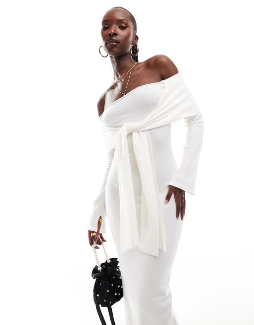 Exclusivité - Kaiia - Robe moulante longueur mollet en maille à encolure Bardot et liens noués sur le devant - Crème 