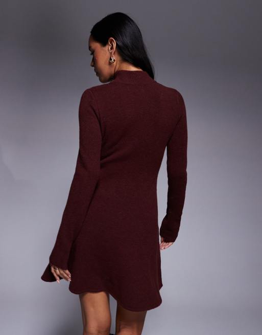 Exclusivité - Kaiia - Robe patineuse courte en maille à encolure montante - Bordeaux , 2 de 4