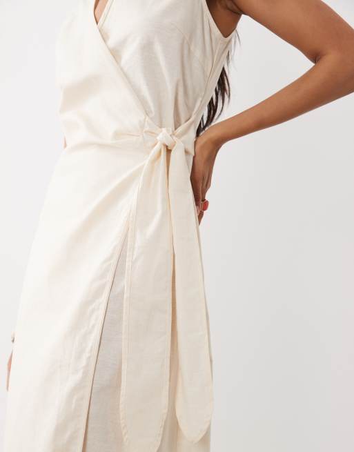 Exclusivité - Kaiia - Robe portefeuille longue nouée devant en lin mélangé à col en V - Taupe, 3 de 4