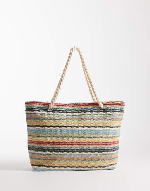 Exclusivité - Kaiia - Sac de plage en paille tressée avec poignée en corde - Rayures multicolores