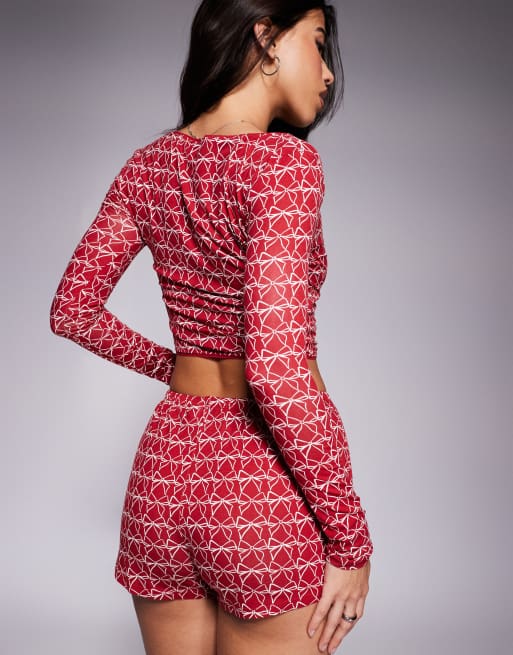 Exclusivité - Kaiia - Short de pyjama d'ensemble à imprimé nœuds à assortir - Bordeaux, 3 de 4