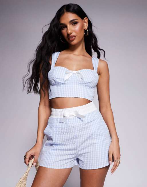 Exclusivité - Kaiia - Short d'ensemble en crépon avec taille style caleçon détail nœud - Bleu vichy