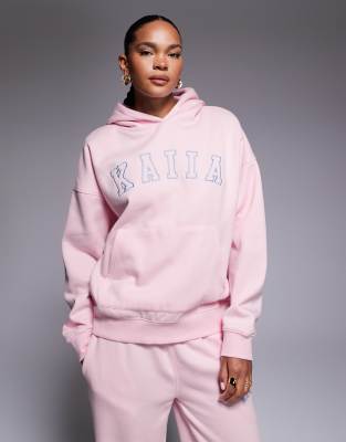 Exclusivité - - Sweat à capuche d'ensemble oversize riche en coton avec logo brodé - Rose bébé et bleu 34