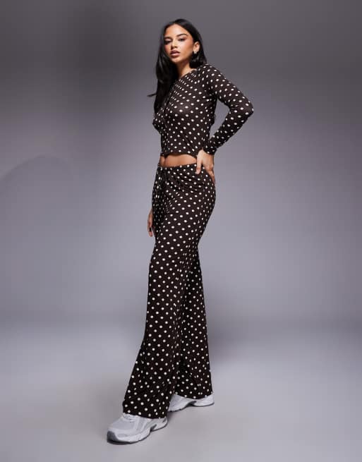 Exclusivité - Kaiia - Top d'ensemble à pois en jersey ultra doux avec manches longues et boutons - Marron/crème, 2 de 4