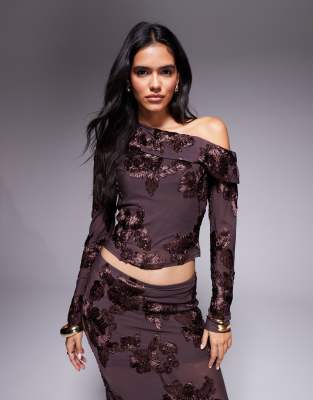 Exclusivité - - Top d'ensemble asymétrique et texturé à fleurs avec épaule tombante et manches longues - Chocolat-Brown 36