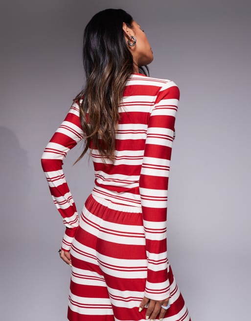Exclusivité - Kaiia - Top d'ensemble boutonné à manches longues et rayures en jersey ultra doux - Rouge et blanc, 4 de 4