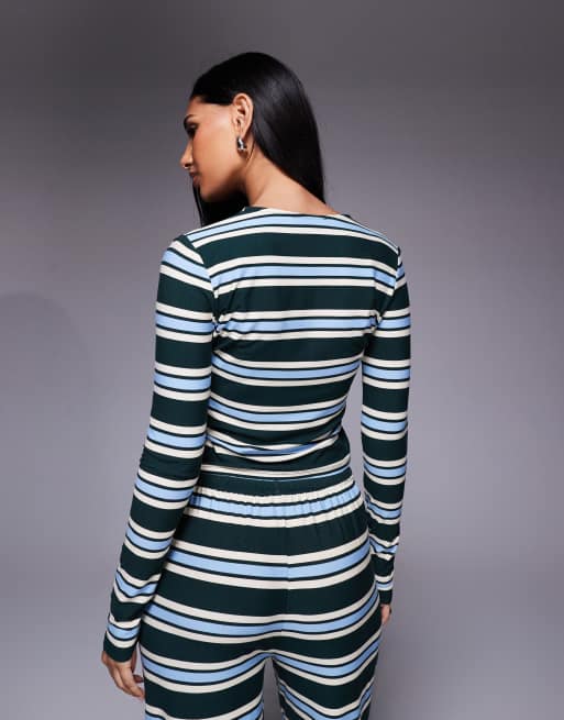 Exclusivité - Kaiia - Top d'ensemble boutonné en jersey ultra-doux rayé à manches longues - Vert et bleu pastel, 4 de 4