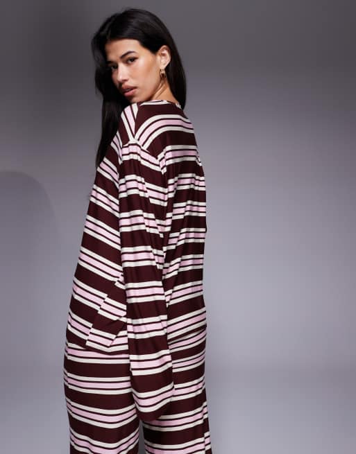Exclusivité - Kaiia - Top d'ensemble oversize à manches longues et col ras de cou en jersey rayé ultra-doux - Bordeaux/rose, 3 de 4