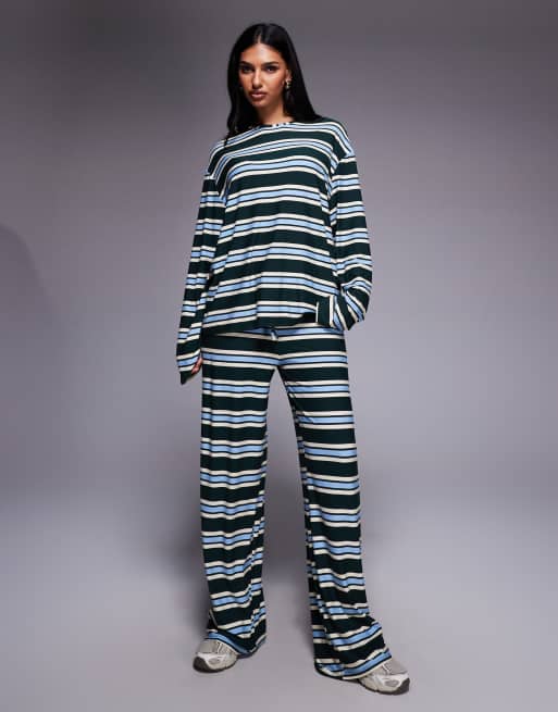 Exclusivité - Kaiia - Top d'ensemble ras de cou oversize à manches longues en jersey ultra-doux rayé - Vert et bleu pastel, 2 de 4