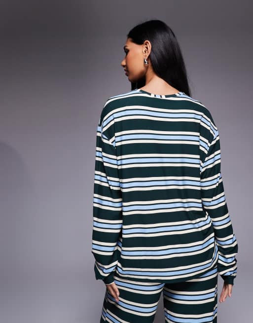 Exclusivité - Kaiia - Top d'ensemble ras de cou oversize à manches longues en jersey ultra-doux rayé - Vert et bleu pastel, 3 de 4