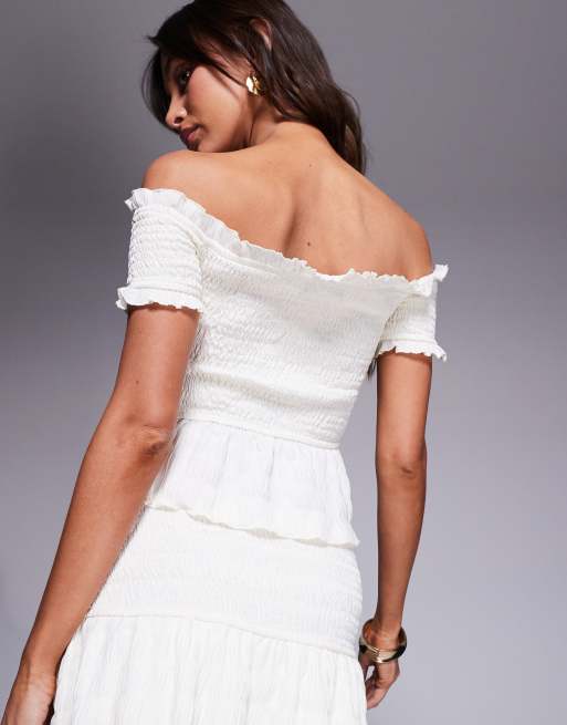 Exclusivité - Kaiia - Top d'ensemble texturé et froncé à encolure Bardot et basque - Crème, 4 de 4