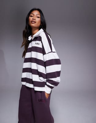 Exclusivité - - Top manches longues oversize style rugby en coton majoritaire - Violet foncé et crème-Rouge 32