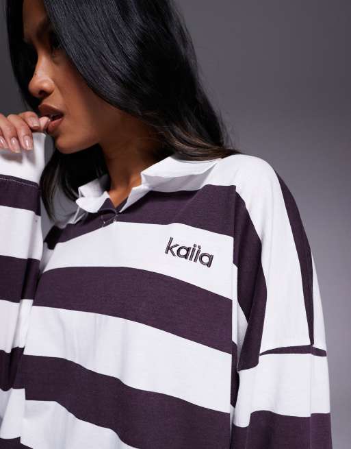Exclusivité - Kaiia - Top manches longues oversize style rugby en coton majoritaire - Violet foncé et crème  , 3 de 4