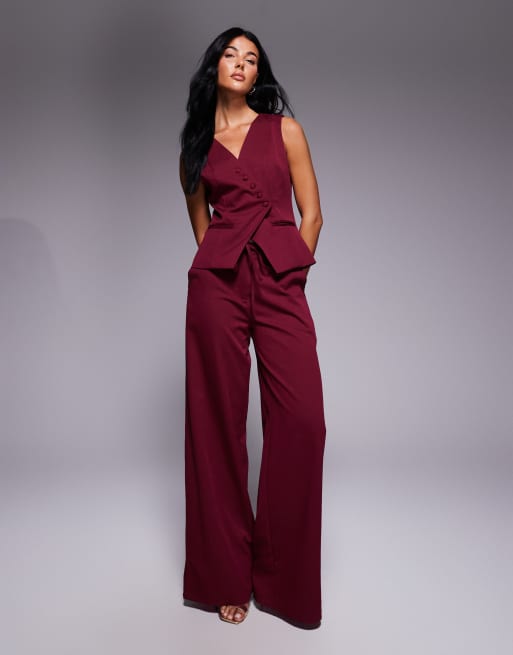 Exclusivité - Kaiia - Top style gilet de tailleur sans manches d'ensemble à boutonnage asymétrique - Bordeaux, 4 de 4