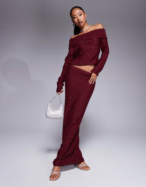 Exclusivité - Kaiia x Sasha Corte - Jupe longue d'ensemble en maille à sequins - Bordeaux - view 1