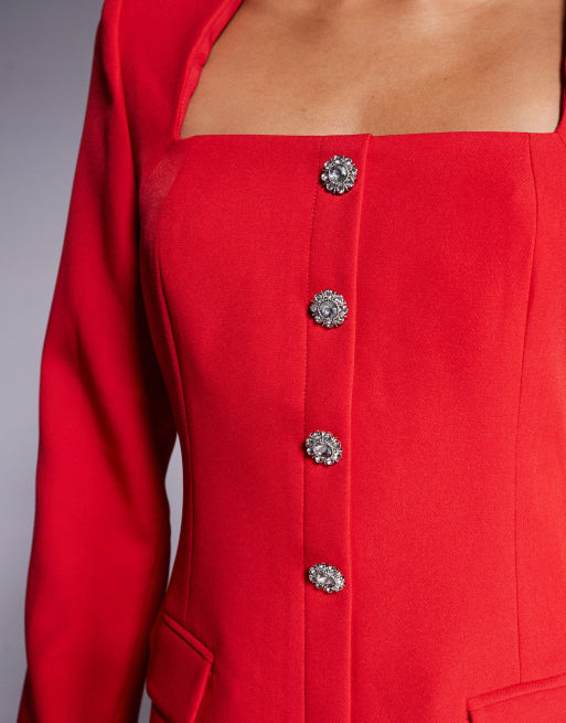 Exclusivité - Kaiia x Sasha Corte - Robe courte boutonnée et habillée avec encolure carrée - Rouge , 3 de 4