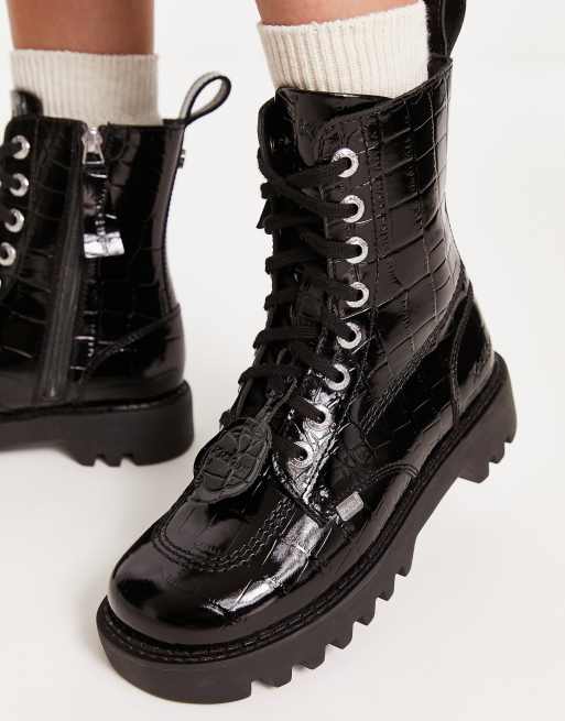 Exclusivit Kickers Kizzie Bottines lacets sur le devant en cuir Noir verni croco