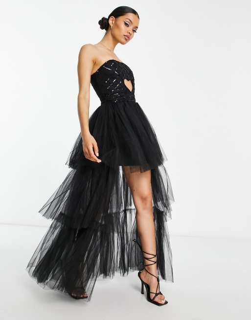 Exclusivité - Lace & Beads Petite - Robe longue à ourlet asymétrique, sequins et découpe en forme de cœur - Noir, 3 de 4