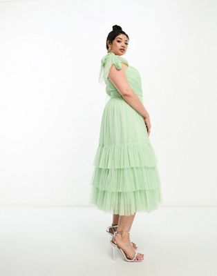 Lace & Beads Plus exclusive tie shoulder tiered midi dress in sage - ASOS Price Checker