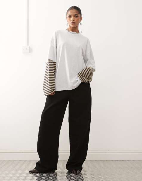 Exclusivité - Lioness - Bloom - Top 2-en-1 avec t-shirt oversize et top manches longues à rayures - Gris/beige - view 1