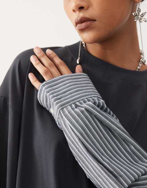 Exclusivité - Lioness - Robe chemise courte 2-en-1 à manches longues rayée avec t-shirt oversize superposé - Anthracite, 2 de 4