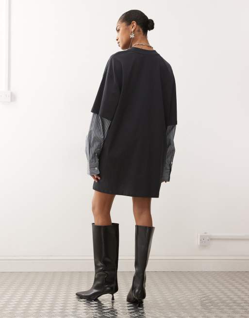 Exclusivité - Lioness - Robe chemise courte 2-en-1 à manches longues rayée avec t-shirt oversize superposé - Anthracite, 3 de 4