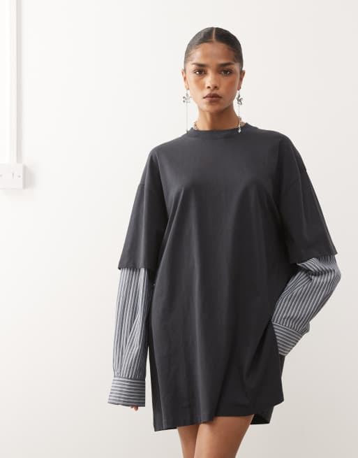 Exclusivité - Lioness - Robe chemise courte 2-en-1 à manches longues rayée avec t-shirt oversize superposé - Anthracite, 4 de 4