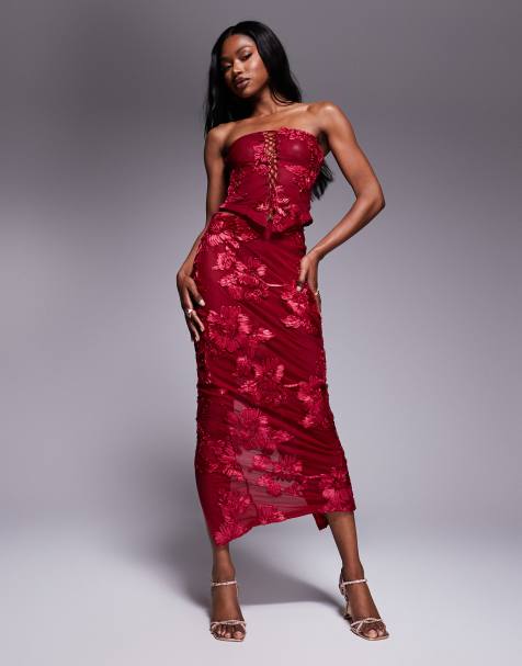 Exclusivité - Murci - Ensemble en tulle texturé avec jupe colonne longue et top bandeau à laçage et fleurs appliquées - Rouge - view 1