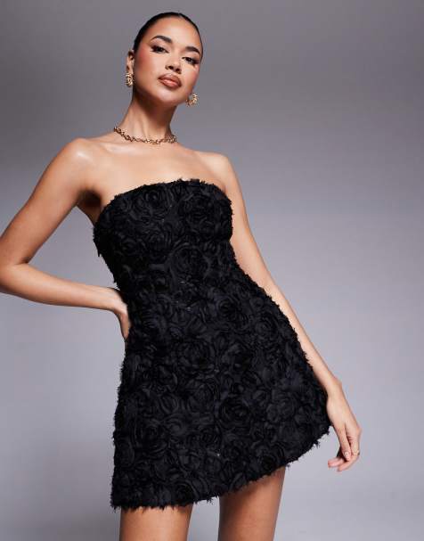 Exclusivité - Murci - Robe bandeau structurée courte avec fleurs en relief - Noir - view 1