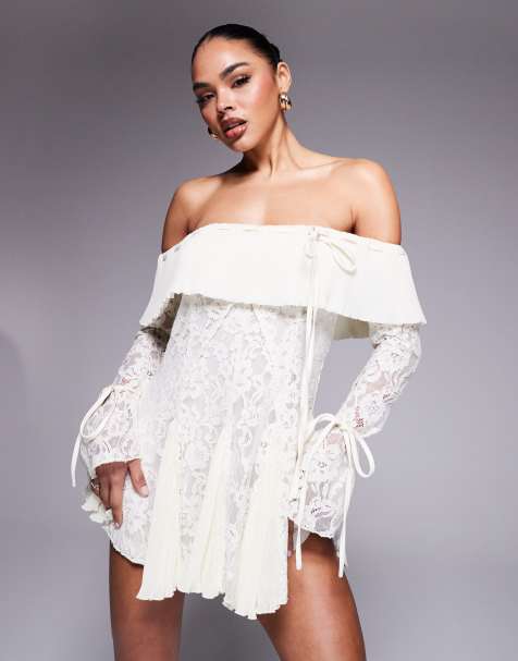 Exclusivité - Murci - Robe courte ajustée puis évasée en dentelle à encolure bardot - Crème - view 1