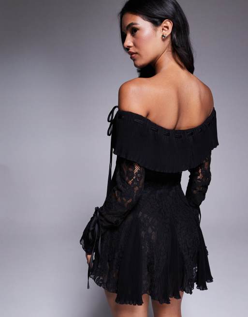 Exclusivité - Murci - Robe courte ajustée puis évasée en dentelle avec encolure Bardot et jupe à godets - Noir, 3 de 4