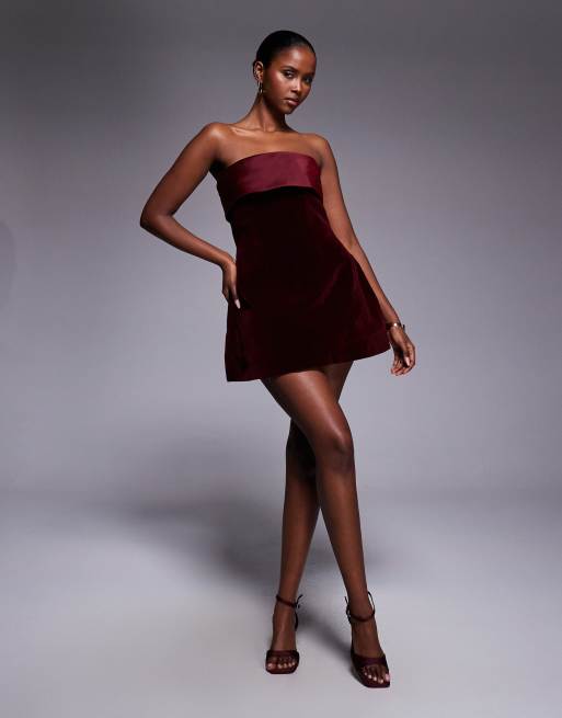 Exclusivité - Murci - Robe courte en velours à bord satiné - Bordeaux, 2 de 4