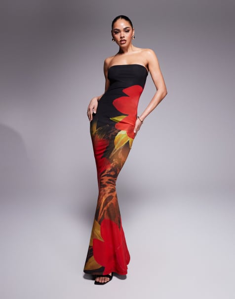 Exclusivité - Murci - Robe longue à imprimé fleuri avec ourlet plongeant et encolure bandeau - Noir/rouge - view 1