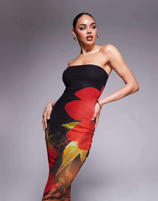 Exclusivité - Murci - Robe longue à imprimé fleuri avec ourlet plongeant et encolure bandeau - Noir/rouge, 2 de 4