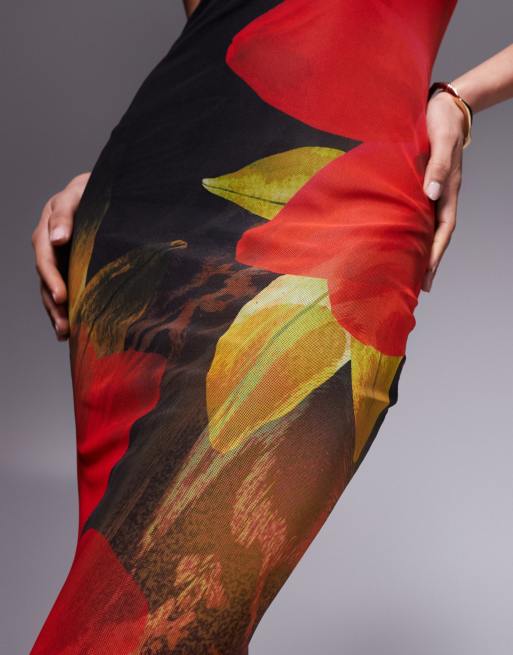 Exclusivité - Murci - Robe longue à imprimé fleuri avec ourlet plongeant et encolure bandeau - Noir/rouge, 3 de 4